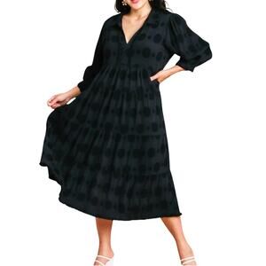Umgee USA Black Swiss Dot Jacquard Midi Dress Size 2XL Bubble Sleeve